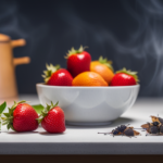 An image showcasing a brightly lit kitchen counter with a bowl of ripened fruits, surrounded by a cloud of delicate, winged moths