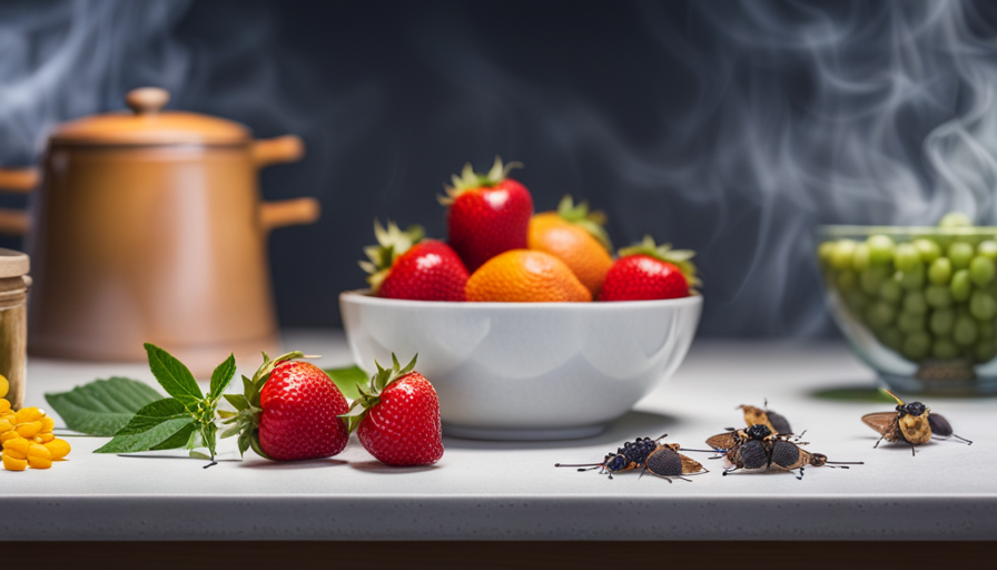 An image showcasing a brightly lit kitchen counter with a bowl of ripened fruits, surrounded by a cloud of delicate, winged moths