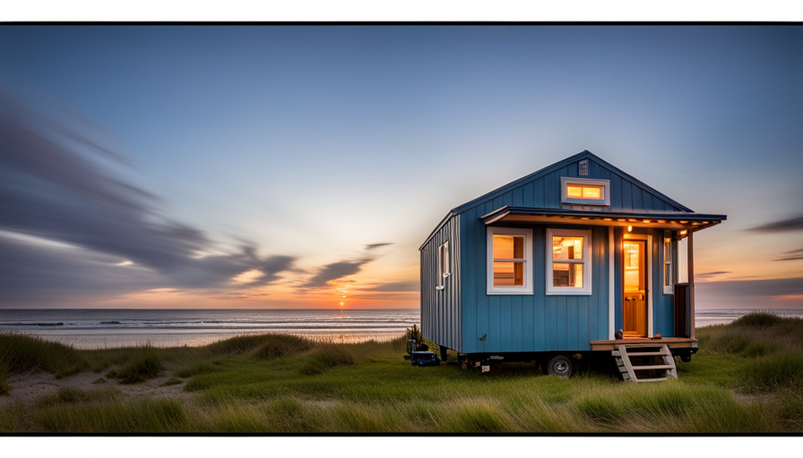 An image showcasing a charming, coastal-themed tiny house in Galveston County, Texas
