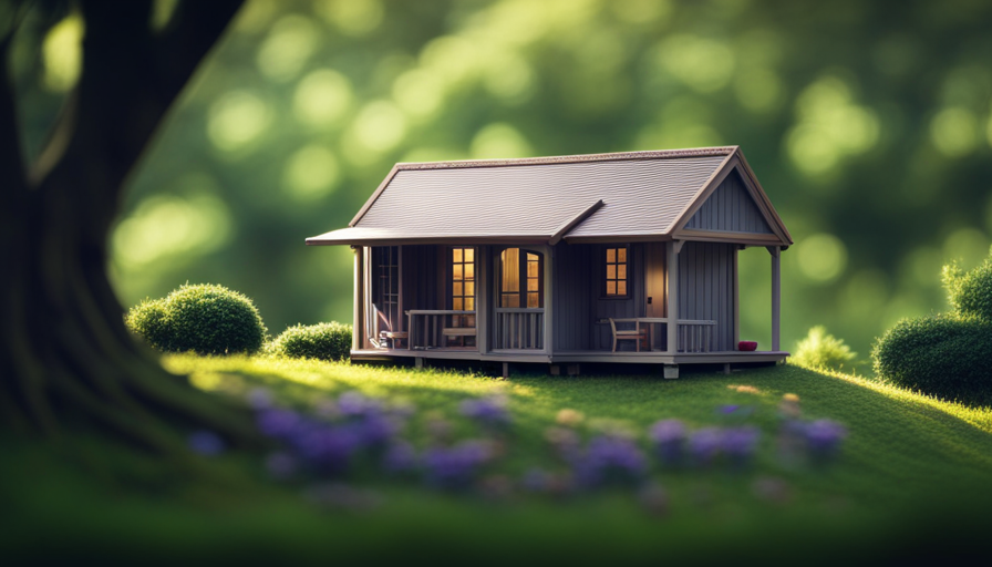 An image showcasing a picturesque landscape with a charming, eco-friendly tiny house nestled among lush green trees
