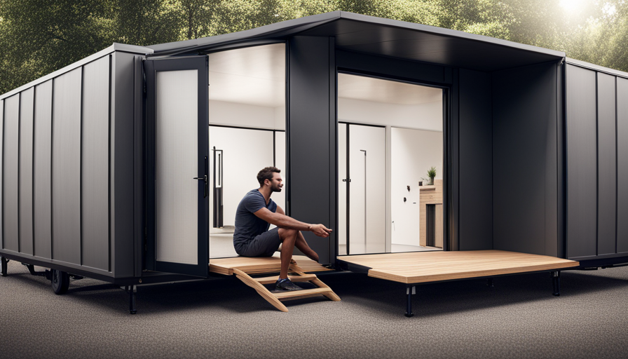 An image showcasing a sleek, minimalist tiny house design for homeless individuals
