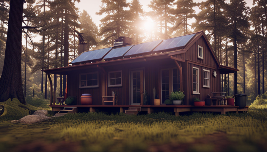 An image showcasing a rustic, self-sustaining off-grid tiny house nestled in a picturesque forest