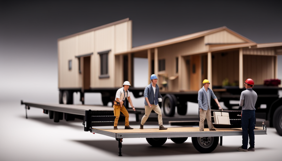 An image showcasing a team of movers carefully guiding a portable tiny house onto a sturdy flatbed trailer, utilizing hydraulic lifting equipment, sturdy straps, and a precision maneuvering system for a seamless and secure relocation process