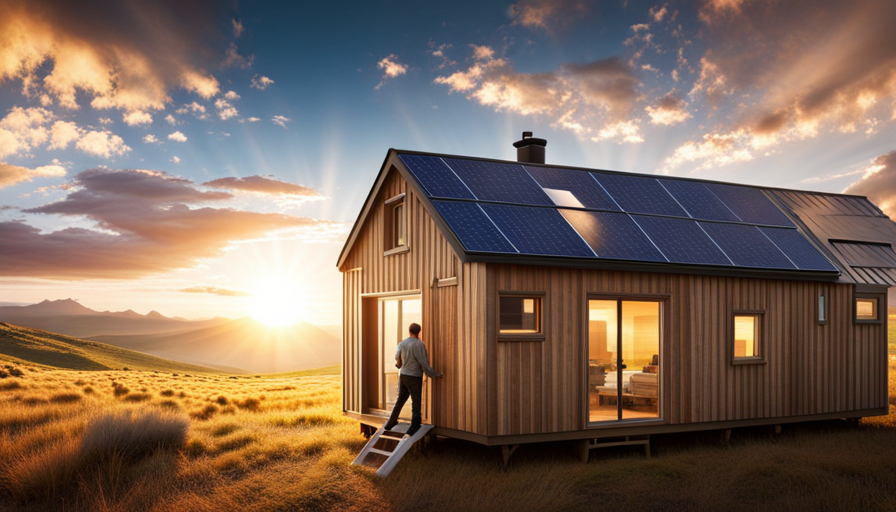 An image showcasing a solar panel array on the roof of a quaint, off-grid tiny house, with the sun radiating abundant energy