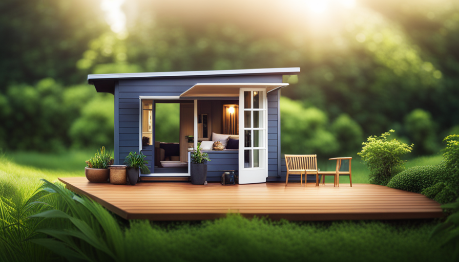 An image showcasing a picturesque landscape with a charming tiny house nestled among lush greenery, surrounded by a wooden deck and a cozy outdoor seating area, enticing readers to explore the process of reselling a tiny house