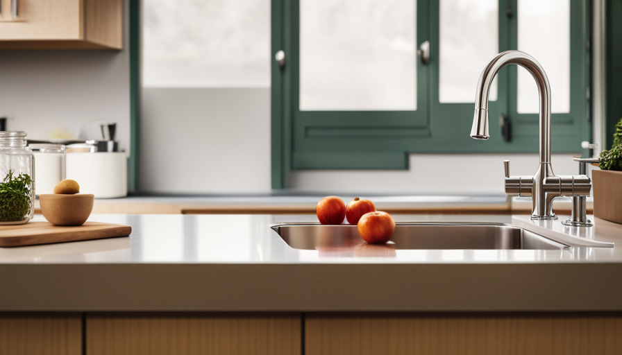 An image showcasing a compact kitchen counter with a sleek stainless steel sink featuring a retractable faucet, connected to a discreet water tank underneath a charming tiny house, highlighting the efficient water system