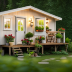 An image of a charming, well-lit tiny house nestled amidst lush greenery, with an inviting porch adorned with potted plants and a cozy seating area showcasing the perfect blend of minimalistic design and modern comforts