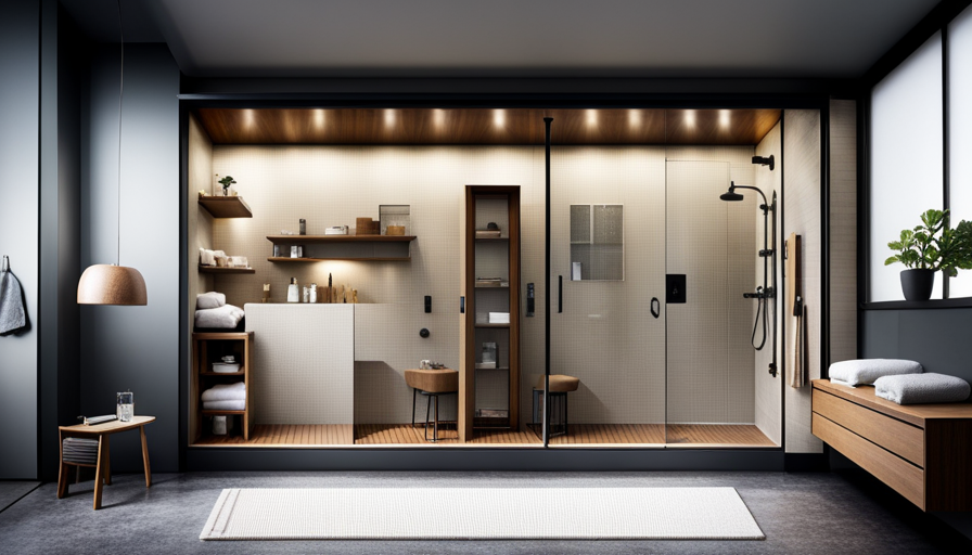 An image showcasing a compact bathroom in a tiny house