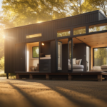 An image showcasing a 600 sq ft tiny house in a serene natural setting, bathed in warm sunlight