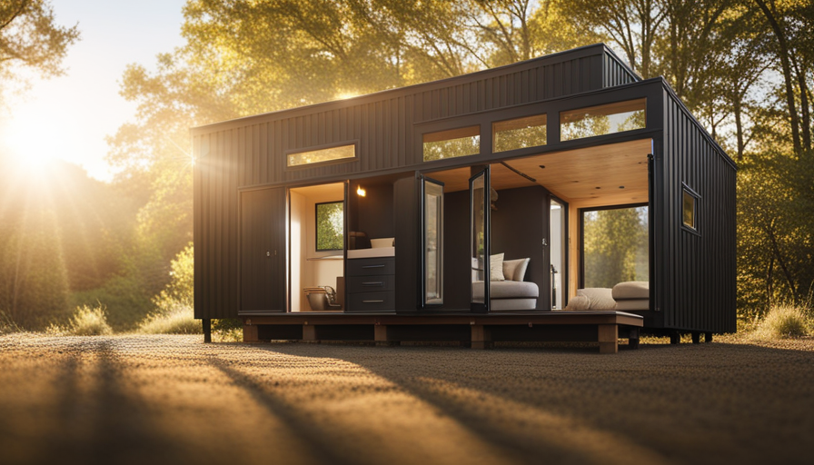 An image showcasing a 600 sq ft tiny house in a serene natural setting, bathed in warm sunlight