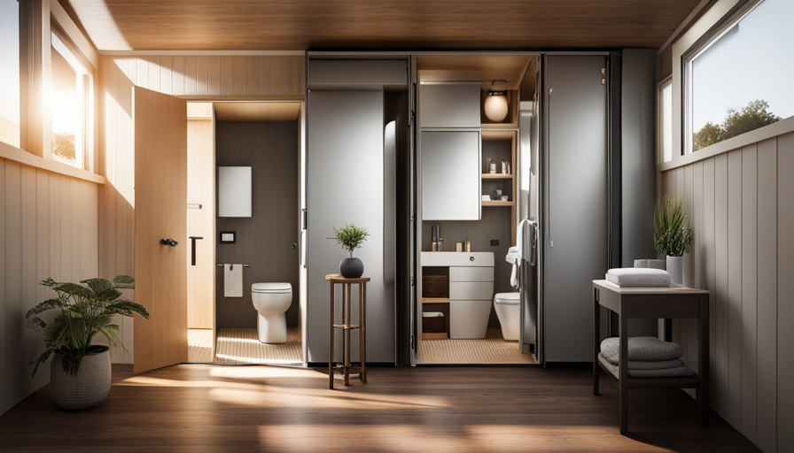 An image showcasing a compact bathroom in a tiny house, featuring a space-saving toilet with built-in sink, a retractable shower, a cleverly designed storage unit, and a folding mirror
