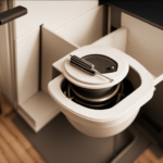 An image showcasing a compact, eco-friendly compost toilet system inside a beautifully designed tiny house