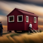 An image showcasing a charming tiny house with burgundy smart board siding