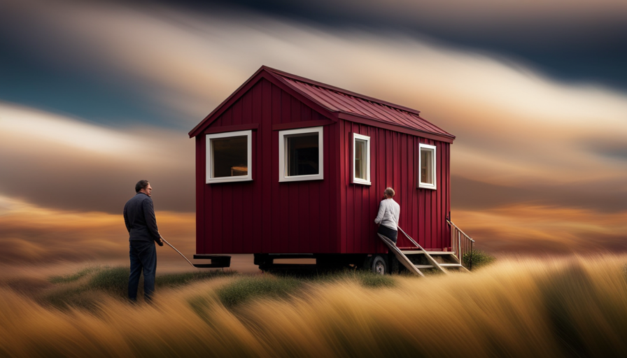 An image showcasing a charming tiny house with burgundy smart board siding