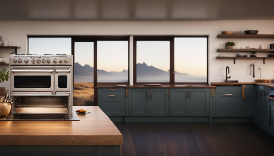 An image showcasing a side-by-side comparison of a conventional oven and range, towering over a tiny house oven and range