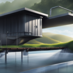 An image showcasing a rainwater collection system with gutters directing water into a large storage tank, while a small house beneath it demonstrates the efficient use of water through low-flow fixtures and a greywater recycling system