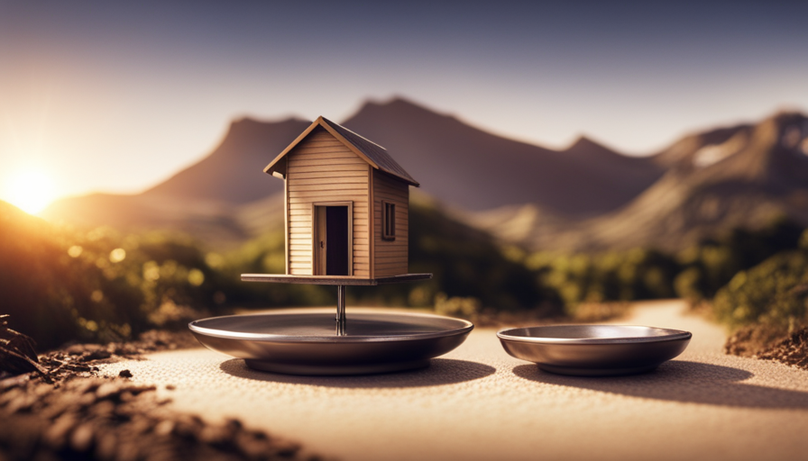 An image depicting a tiny house suspended on a weighing scale, showcasing intricate details of the scale's dial, numbers, and needle, while emphasizing the balance and precision required to determine the weight of a tiny house