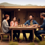An image showcasing a couple sitting at a compact wooden table inside a charmingly rustic tiny house