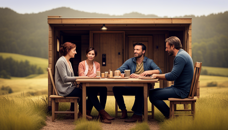 An image showcasing a couple sitting at a compact wooden table inside a charmingly rustic tiny house