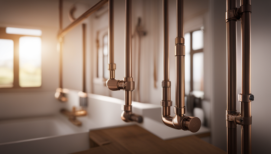 An image showcasing the intricate network of plumbing and electrical systems within a tiny house: copper pipes interlacing through walls, faucets, and showerheads; electrical wires branching out to outlets, switches, and light fixtures