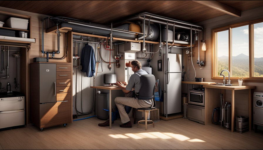 An image showcasing the intricate web of plumbing and electrical systems in a tiny house
