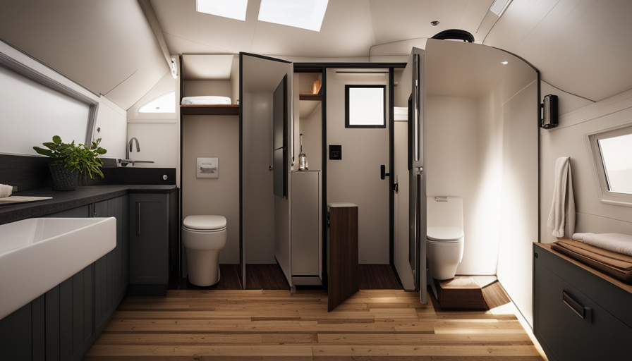 An image showcasing a compact bathroom in a tiny house on wheels