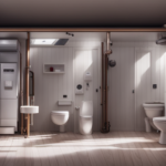 An image showcasing the intricate plumbing system in a tiny house: pipes snaking through walls, a compact water heater tucked beneath a sink, and a composting toilet ingeniously integrated into a minimalist bathroom