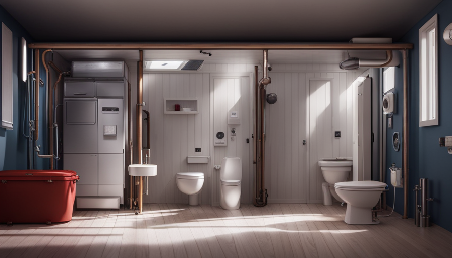 An image showcasing the intricate plumbing system in a tiny house: pipes snaking through walls, a compact water heater tucked beneath a sink, and a composting toilet ingeniously integrated into a minimalist bathroom