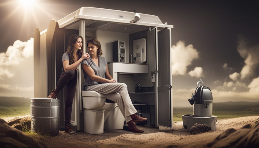 An image showcasing a compact composting toilet system in a tiny house bathroom