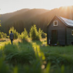 An image capturing a serene, off-grid tiny house nestled in a lush forest, showcasing its solar panels, rainwater collection system, and a vegetable garden, symbolizing the self-reliance and connection with nature embraced by the Transcendentalist-inspired tiny house movement