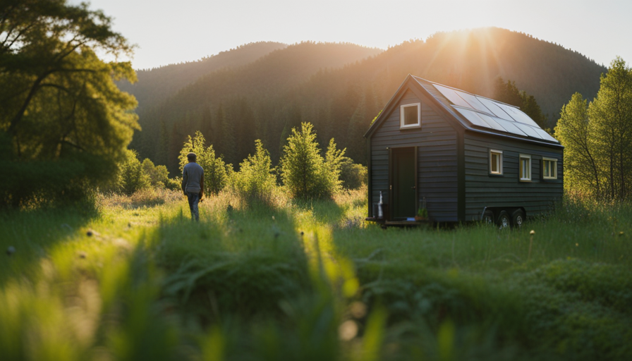 An image capturing a serene, off-grid tiny house nestled in a lush forest, showcasing its solar panels, rainwater collection system, and a vegetable garden, symbolizing the self-reliance and connection with nature embraced by the Transcendentalist-inspired tiny house movement