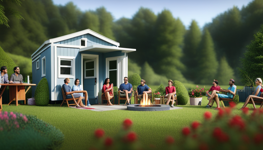 An image showcasing a serene, vibrant tiny house community nestled amidst lush greenery