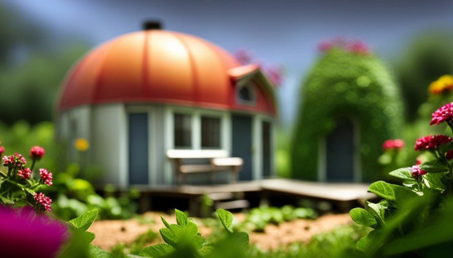 An image showcasing a lush green landscape with a small, eco-friendly tiny house nestled amidst blooming wildflowers, surrounded by solar panels, rainwater harvesting system, and a thriving vegetable garden