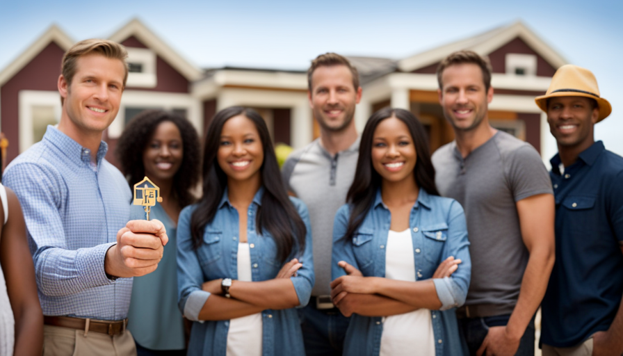 An image showcasing a diverse group of aspiring homeowners and skilled builders gathered in a bustling market square