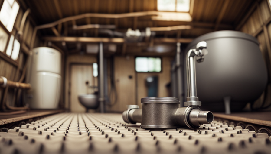 An image showcasing the intricate plumbing system of a tiny house: water tanks tucked beneath the floor, pipes snaking through walls, a compact water heater, and a composting toilet discreetly integrated