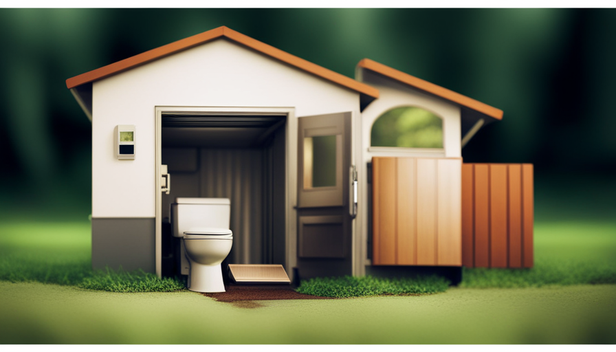 An image depicting a cross-section of a tiny house's sewage system: a compact composting toilet connected to a storage tank, which is then connected to a filtration system leading to an underground leach field