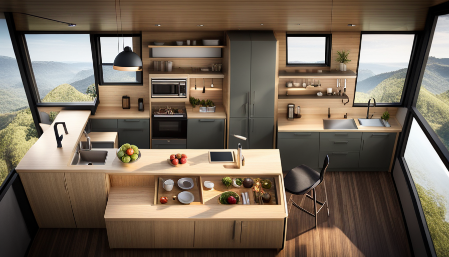 An image showcasing a small, ingeniously designed tiny house with a lofted bedroom, compact kitchenette, and cleverly integrated storage solutions