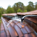 An image capturing rainwater gracefully cascading down a pitched metal roof, funneled into a gutter system