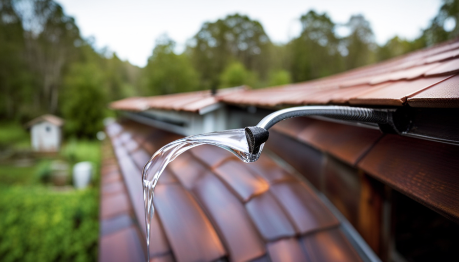 An image capturing rainwater gracefully cascading down a pitched metal roof, funneled into a gutter system
