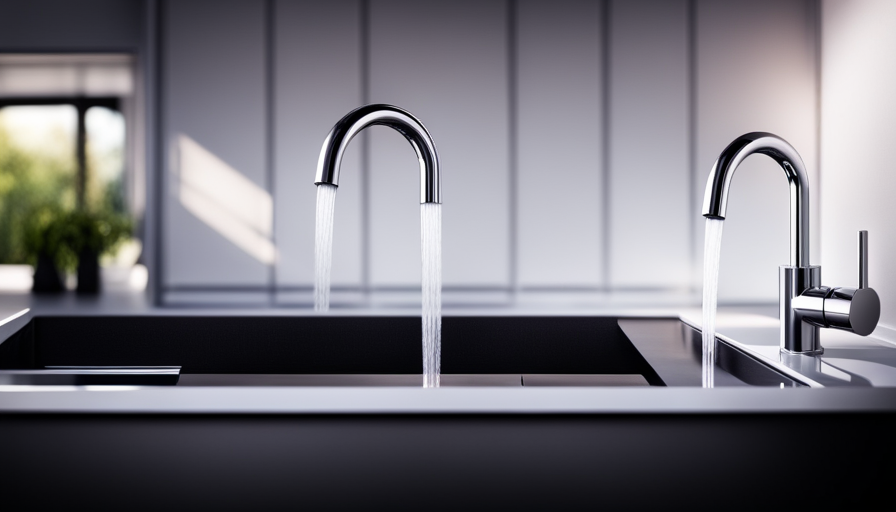 An image showcasing a minimalistic sink with a sleek stainless steel faucet in a tiny house kitchen