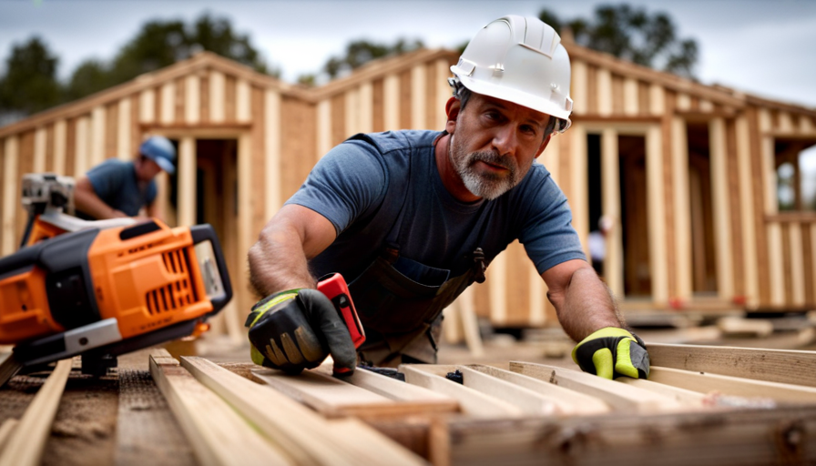 An image that showcases the intricate process of constructing a tiny house, capturing the skilled hands of builders maneuvering power tools, hammering nails into carefully measured wooden beams, and meticulously aligning the foundation