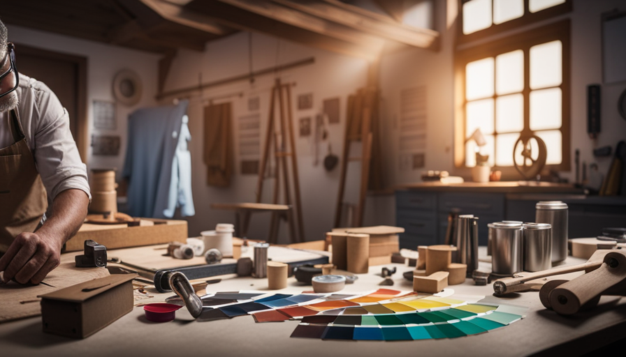 An image capturing the meticulous process of arranging a limited space, with a cluttered workbench revealing paint swatches, measuring tape, and tiny furniture blueprints strewn about, showcasing the challenges of designing a tiny house interior