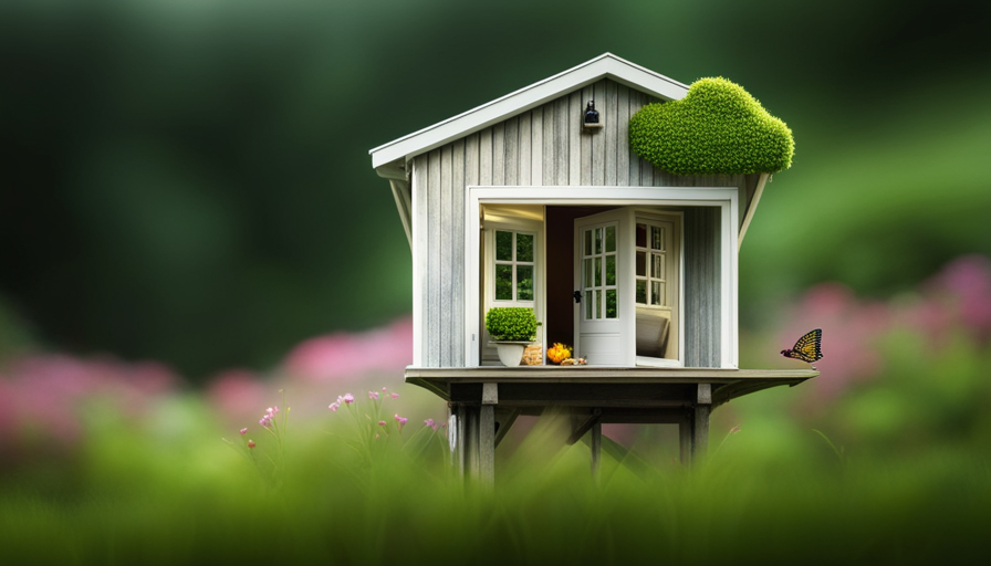 An image showcasing a sturdy, foundation-adorned tiny house, nestled among lush greenery, with a delicate butterfly effortlessly perched on its roof, demonstrating the surprising strength and lightness of these compact dwellings