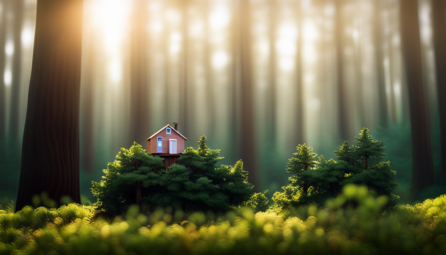 An image illustrating a towering redwood forest, with a mobile tiny house perched atop a majestic tree, showcasing the incredible height potential of mobile tiny homes