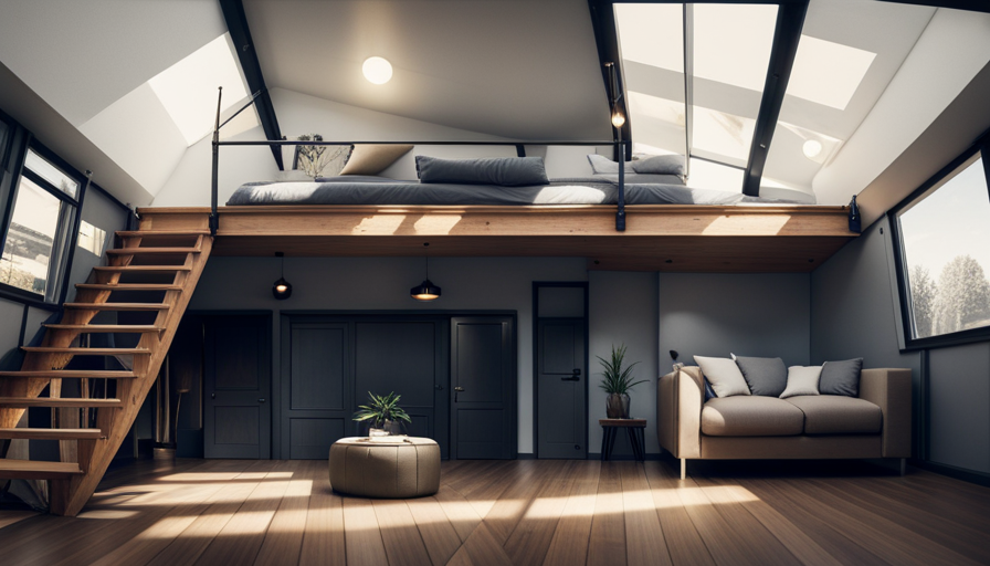 An image showcasing a tiny house with a soaring ceiling, adorned with skylights to bathe the space in natural light