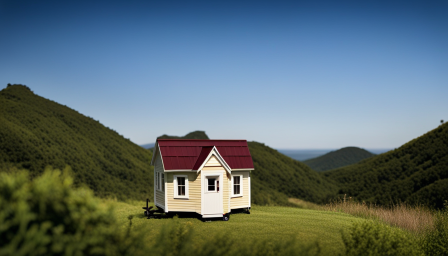 An image capturing a picturesque tiny house on wheels perched atop a breathtaking, towering mountain range
