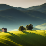 An image showcasing a picturesque landscape with rolling hills, towering trees, and a tiny house perched atop a gentle slope, revealing different levels of elevation