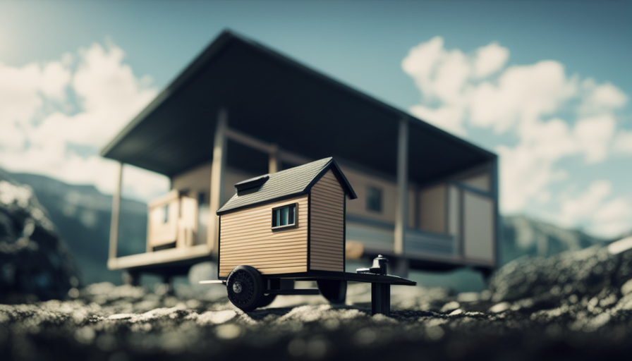 An image showcasing a low-angle view of a tiny house perched atop a custom-built trailer