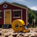 An image showcasing a meticulously measured tape measure suspended vertically from the hitch of a tiny house trailer, providing an accurate depiction of its precise height above the ground