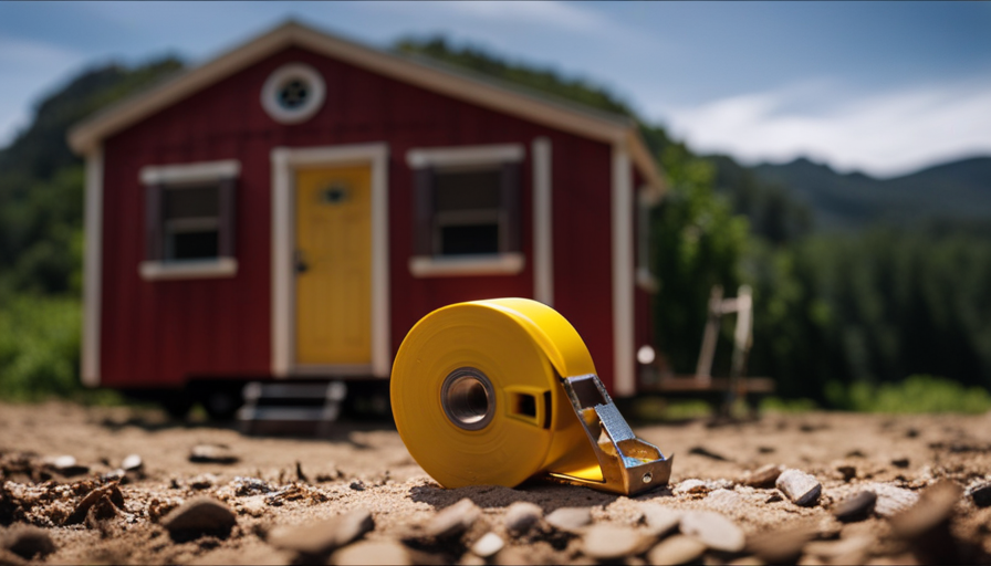 An image showcasing a meticulously measured tape measure suspended vertically from the hitch of a tiny house trailer, providing an accurate depiction of its precise height above the ground